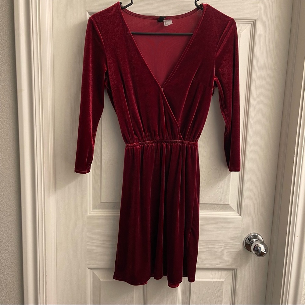 Red V-Neck Suede Dress